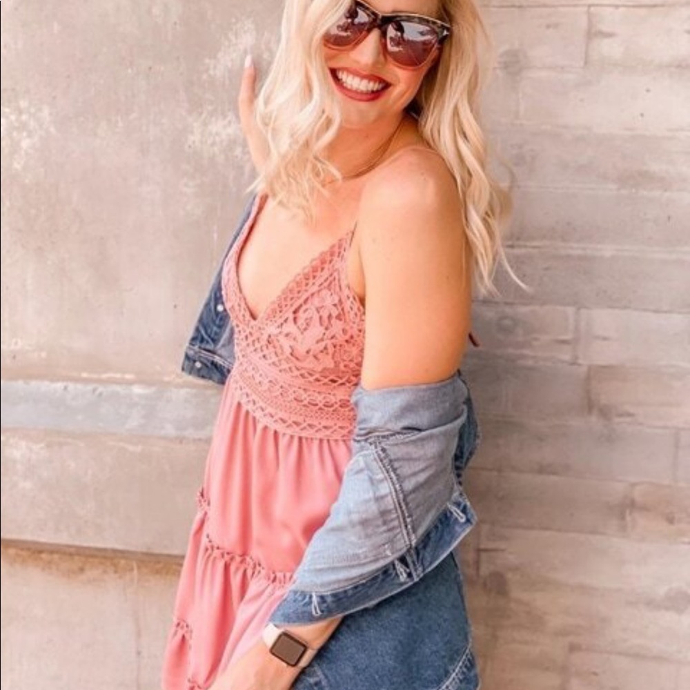 Boho Crochet Tiered V Neck Pink Dress - Picture 10 of 11